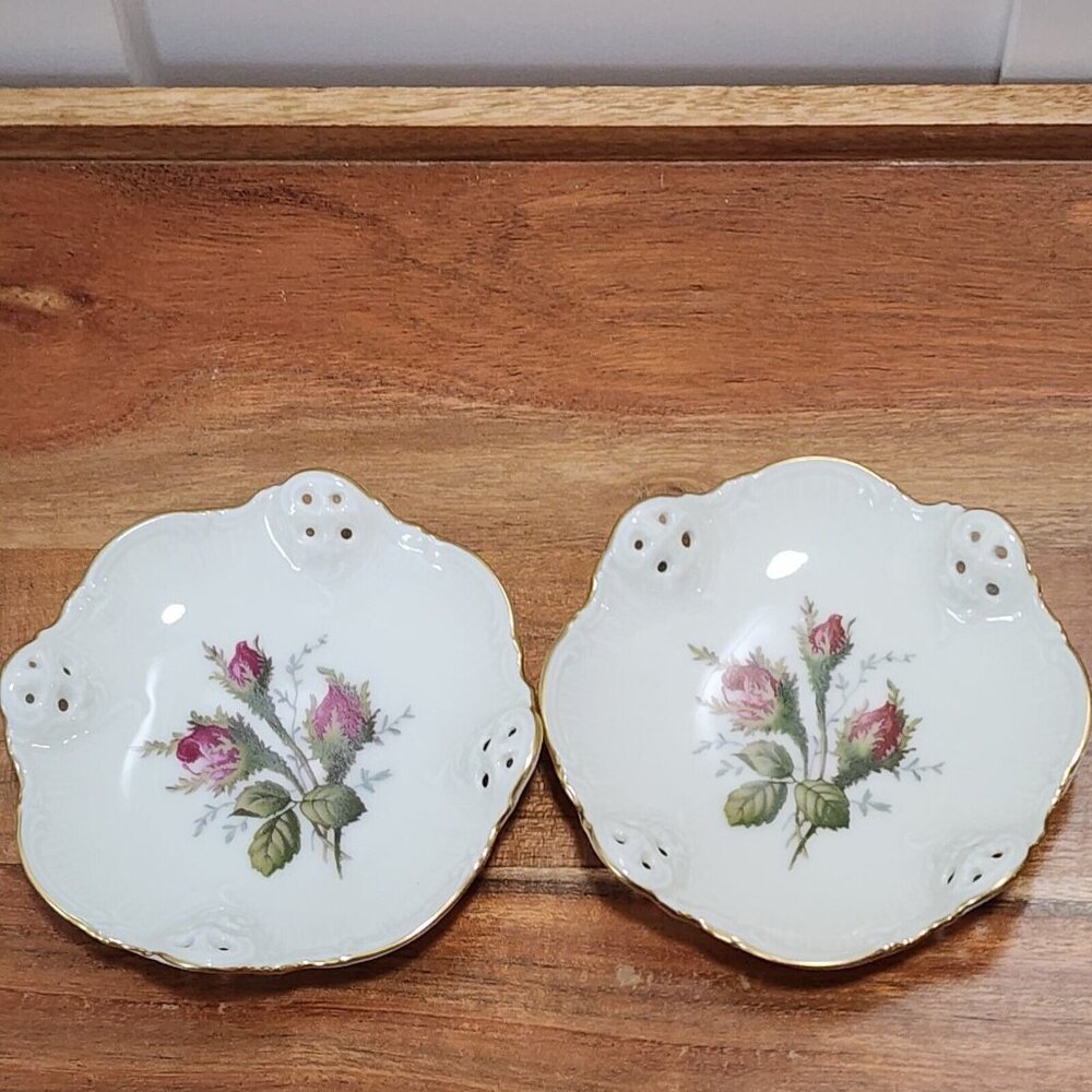2 Rosenthal Germany Moss Rose Dish 4" pierced gold rim bowl nuts candy dipping f